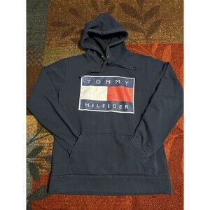 Vintage Tommy Hilfiger Big Flag Logo Hoodie Navy Blue Fleece Sweatshirt Mens XL